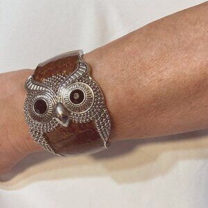 Tazza Owl Enameled brown  & silver cuff statement Bracelet NWOT